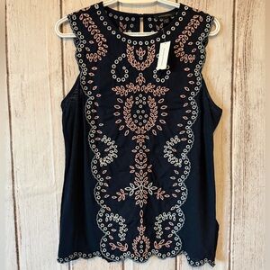 Banana Republic Embroidered Eyelet Scalloped Tank Top in Midnight Navy NWT M